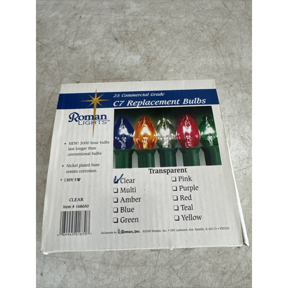 25 Pk.Commercial Grade Transparent Clear C7 Replacement Bulbs Nickel Plated Base